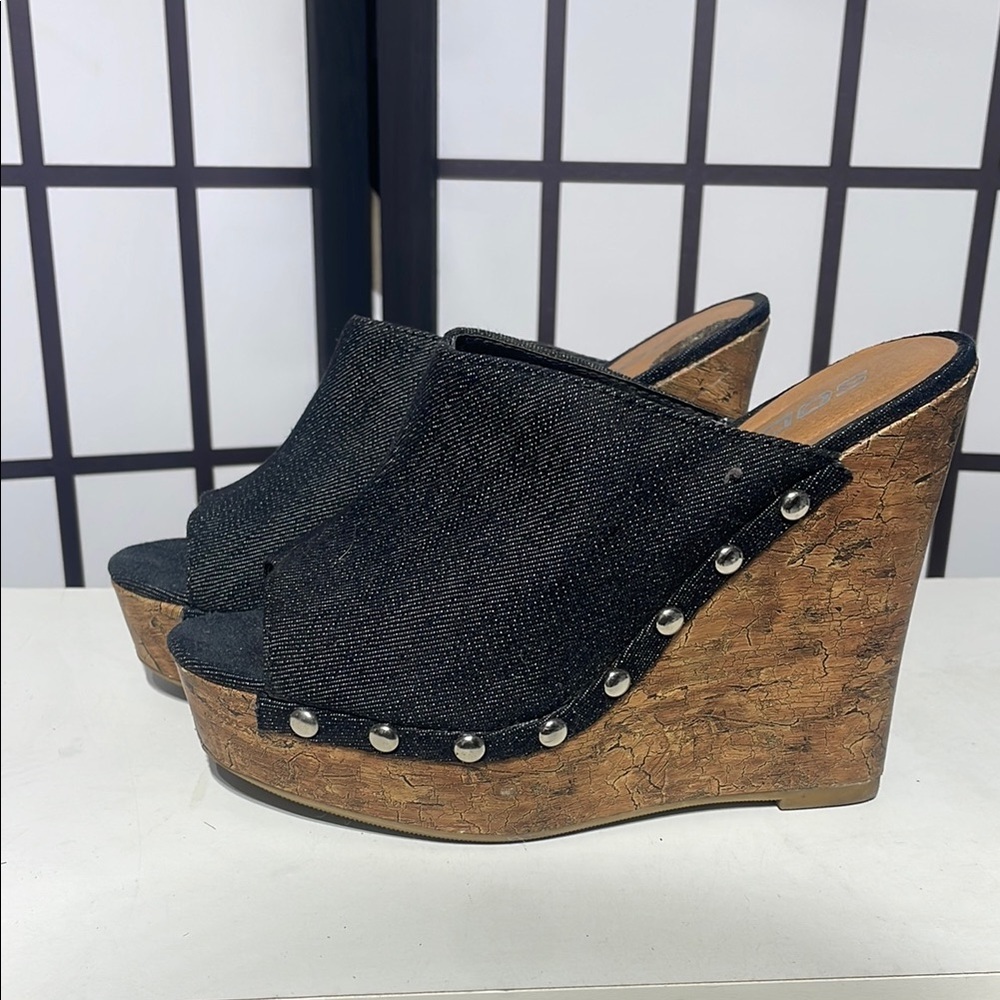 Y2K Women's Dark wash denim Open Toed Wedge Sandals Size 7